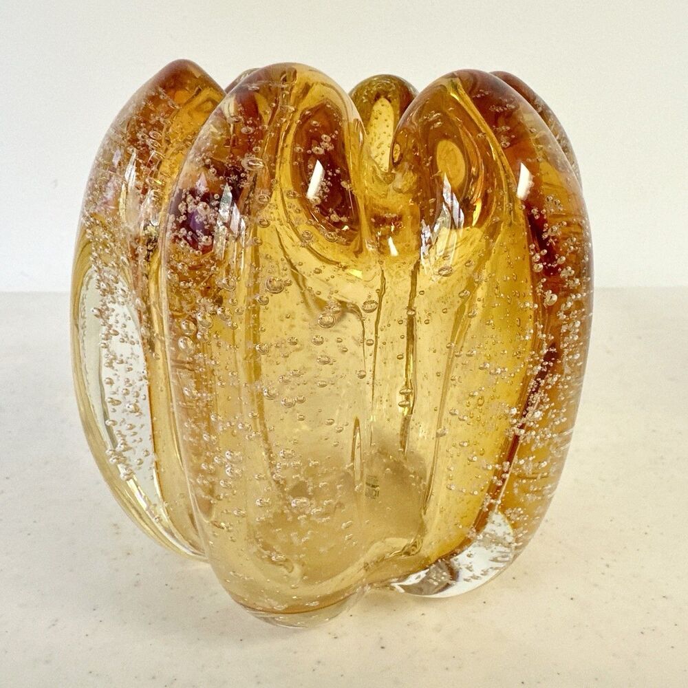 Amber Heavy Art Glass Bowl By Tozai‎ Vase Multiple Bubbles Ribbon Rim